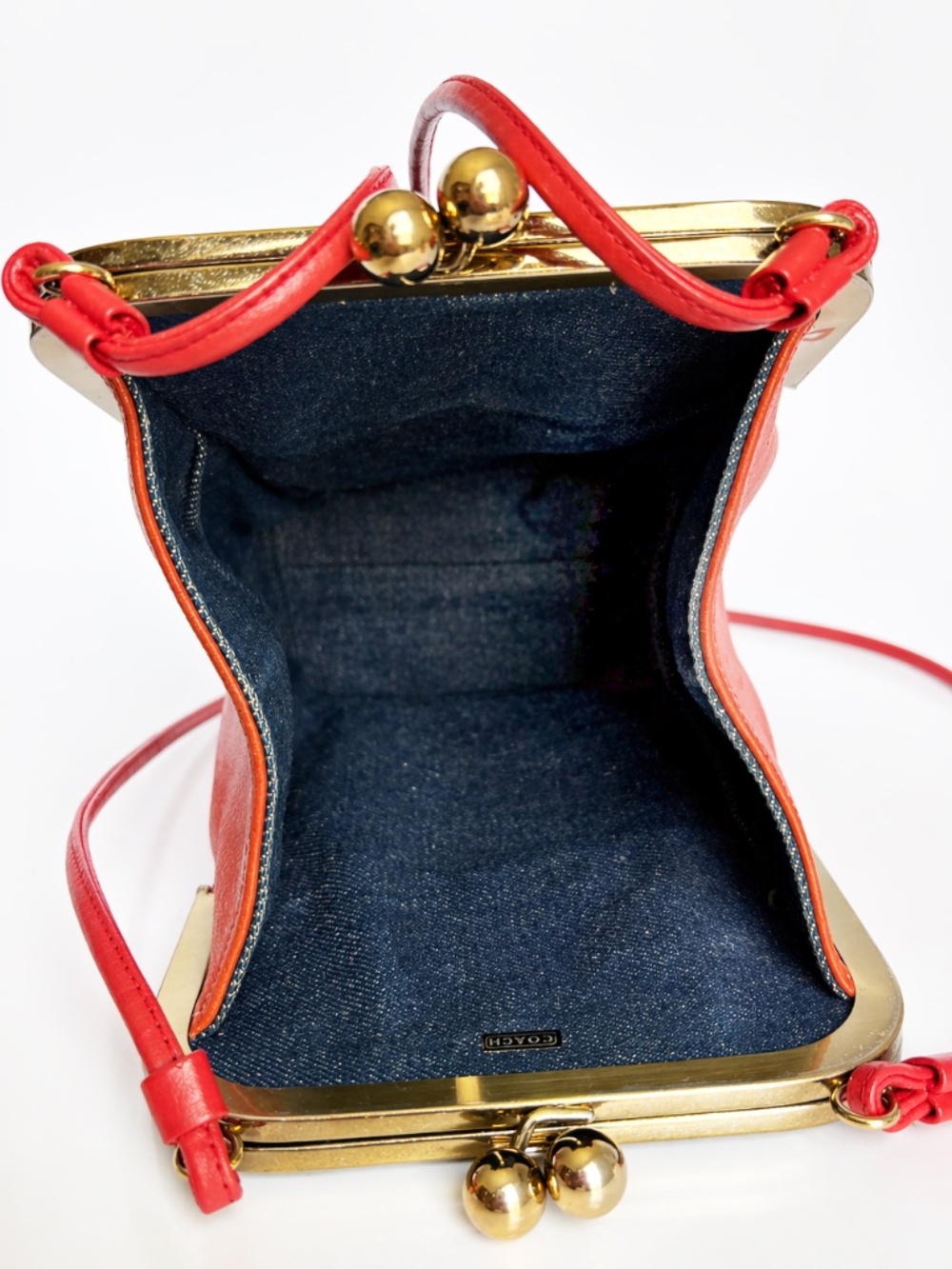 1970s Bonnie Cashin for Coach Red Leather Denim Double Entry Swinger Bag Rare - Picture 11 of 17